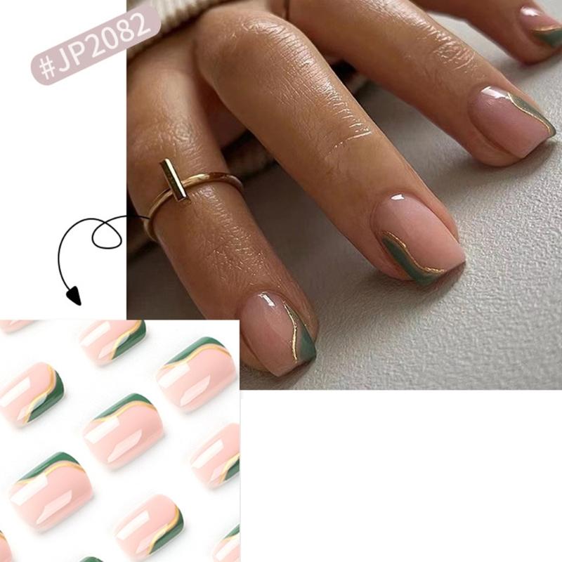 24 Pcs French Tip Press On Nail Short Square False Nail Swirl Acrylic Nail Green Full Cover Stick On Nail