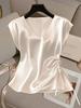 Women's Spring/Summer Solid Color Satin V-Neck Drawstring Top
