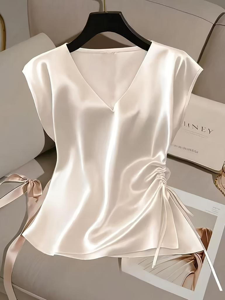 Women's Spring/Summer Solid Color Satin V-Neck Drawstring Top
