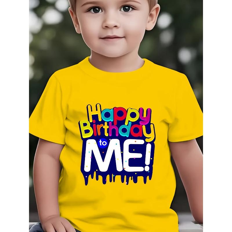 

European Size Boys Round-neck Short-sleeved T-shirt with Unique English Patterns Happy Birthday To Me 164cm жовтий