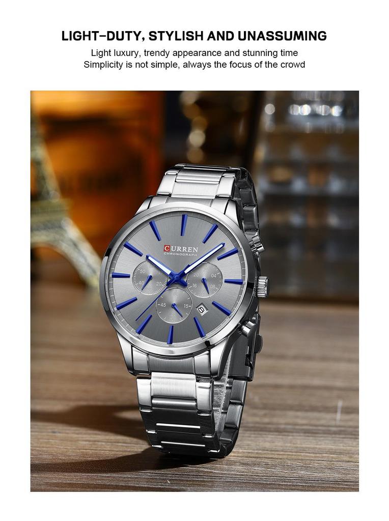 Curren 8435 Men's Multifunction Quartz Watch with Steel Strap and Six-Hand Calendar
