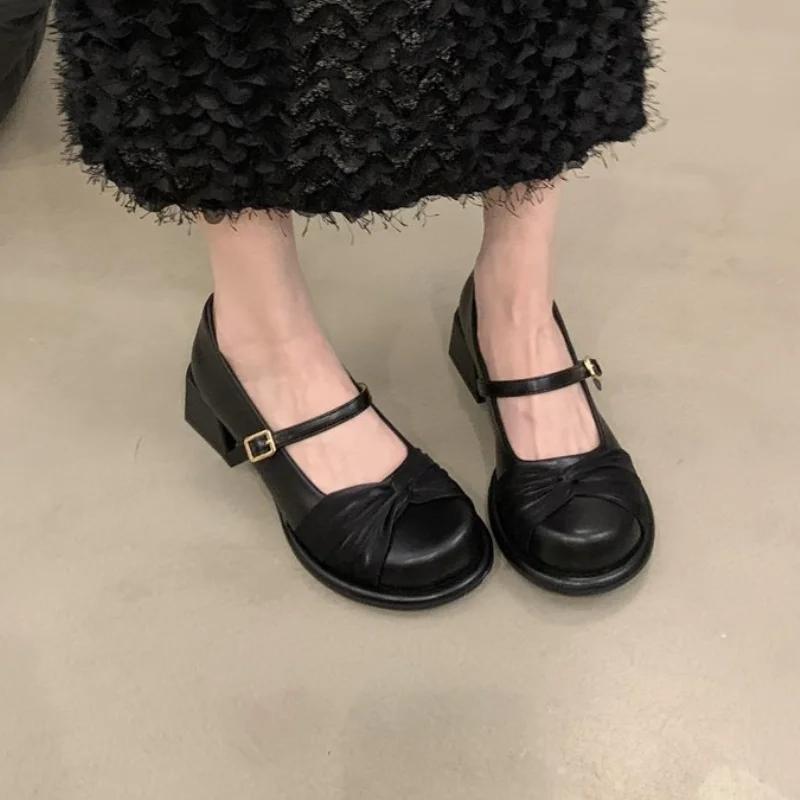 Fashion Shoes Block Heels for Women Pumps Basketball Platform 2024 Round Toe Sandals Ladies Shallow Mouth Mary Jane Retro Chunky