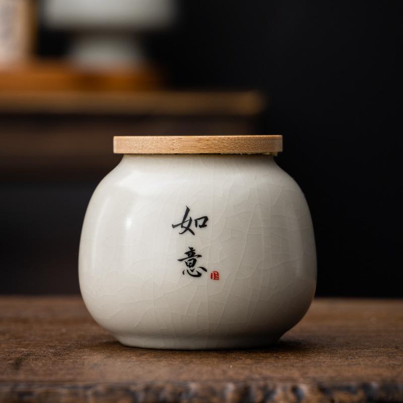 Ru Kiln Calligraphy Tea Canister Ceramic Mini Small Sealed Jar Pu'er Red Green Tea Storage Tea Powder Canister Dried Fruit Moist