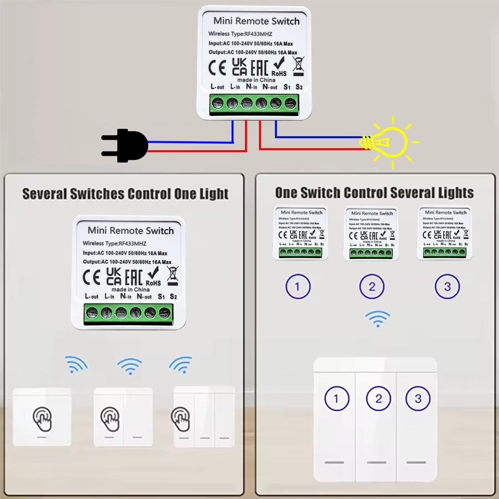 RF 433MHz Smart Switch 16A Lamp Relay Receiver 2-Way Remote Control 1/2/3 Gang Wall Switch Round Panel Mini Transmitter DIY Home