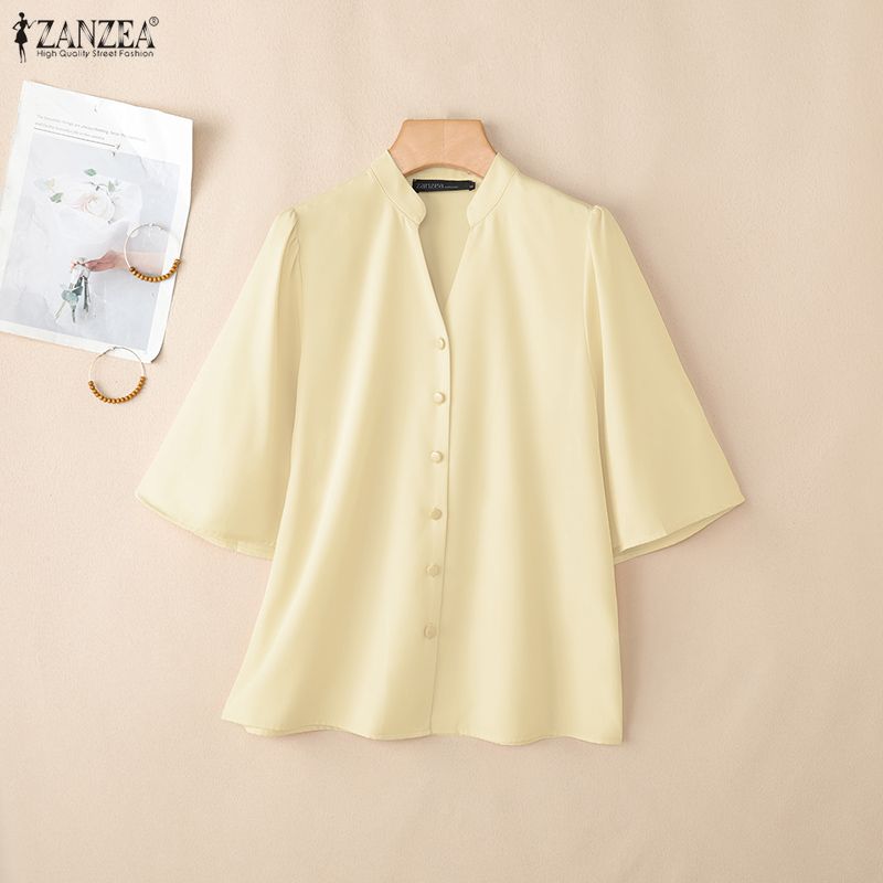 ZANZEA Women Casual V-Neck Solid Color Loose Half Sleeve Blouse