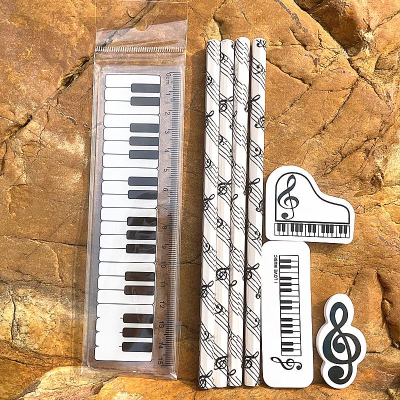 Music Note Pattern Student Stationery: Wooden Pencil and Eraser Set for Children