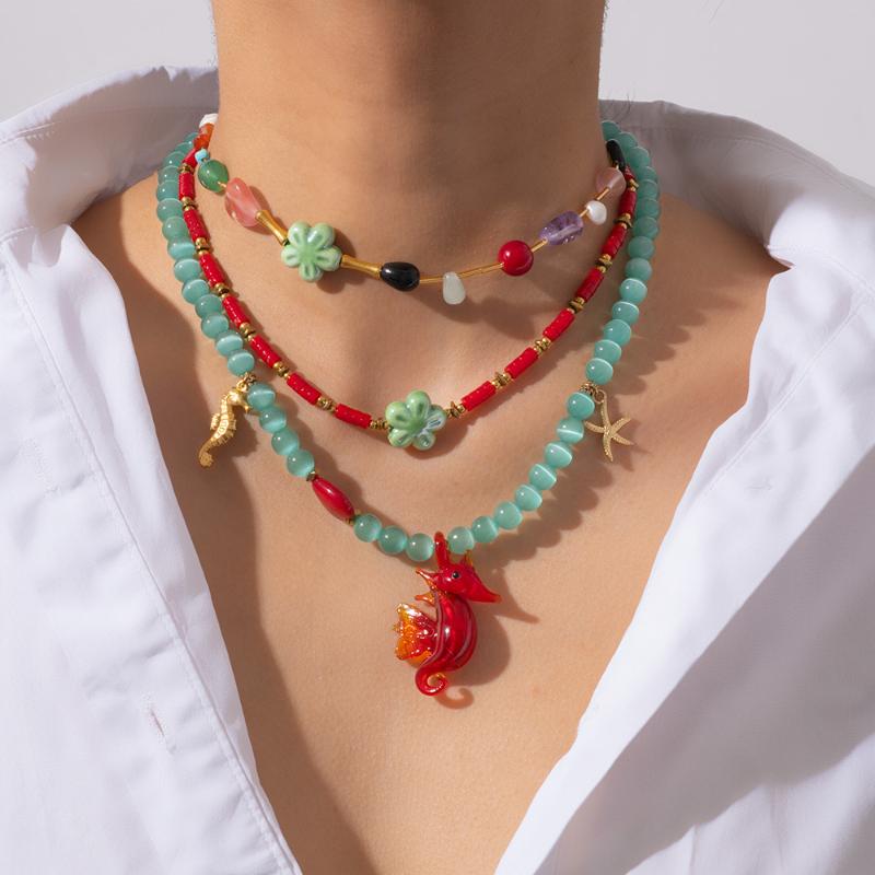 Necklace Colored Natural Stone Sea Horse Sea Star Flower Stainless Steel Pendant Women'S Beach Style European American