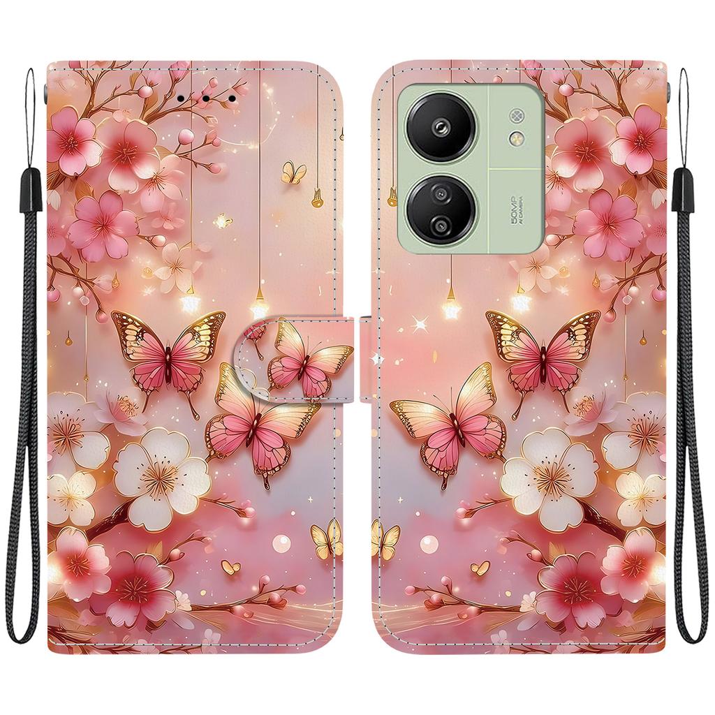 Handgefertigte PU-Leder-Klapphülle für Xiaomi Redmi 13C 5G / Redmi 13C (4G) Rutschfeste Stoßfeste Hülle mit Handschlaufe & Herz/Rose Katze Designs