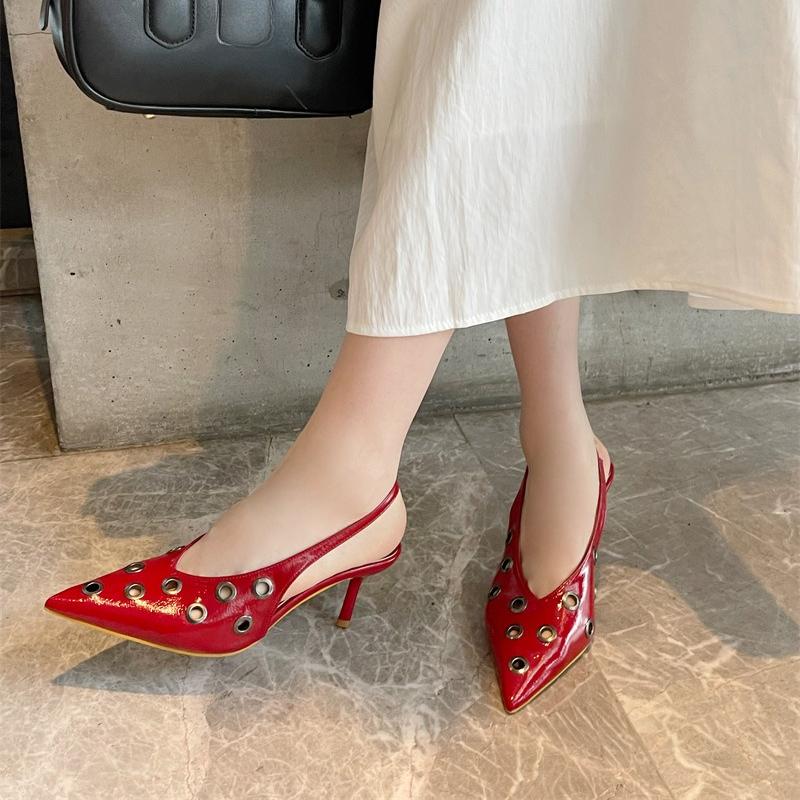 Fashion Elegant Pointed Toe Back Strap High Heels Women Fashion Metal Decoration Brand Designer Shoes Comfortable Shallow Dress Shoes