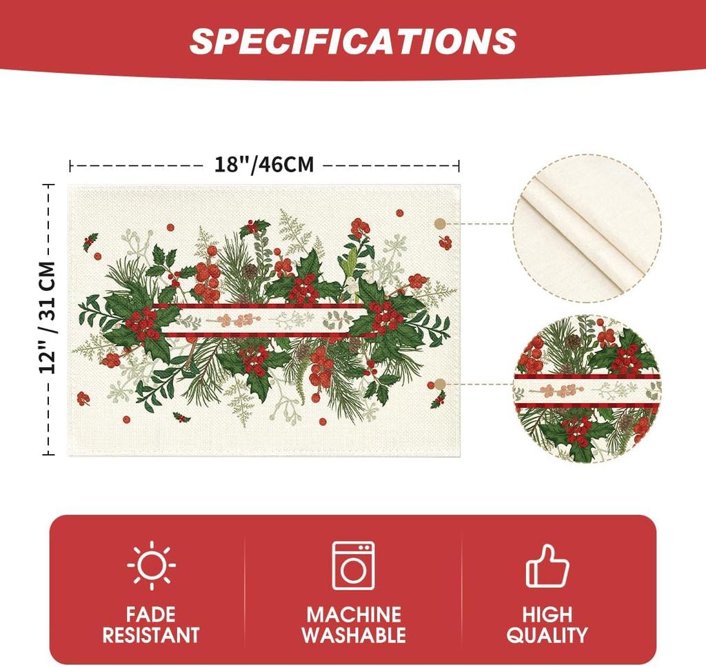 Blätter Stechpalme Weihnachten Tischsets Set von 6, 12x18 Zoll Saisonale Winter-Tischsets für Party Küche Esstisch Dekoration