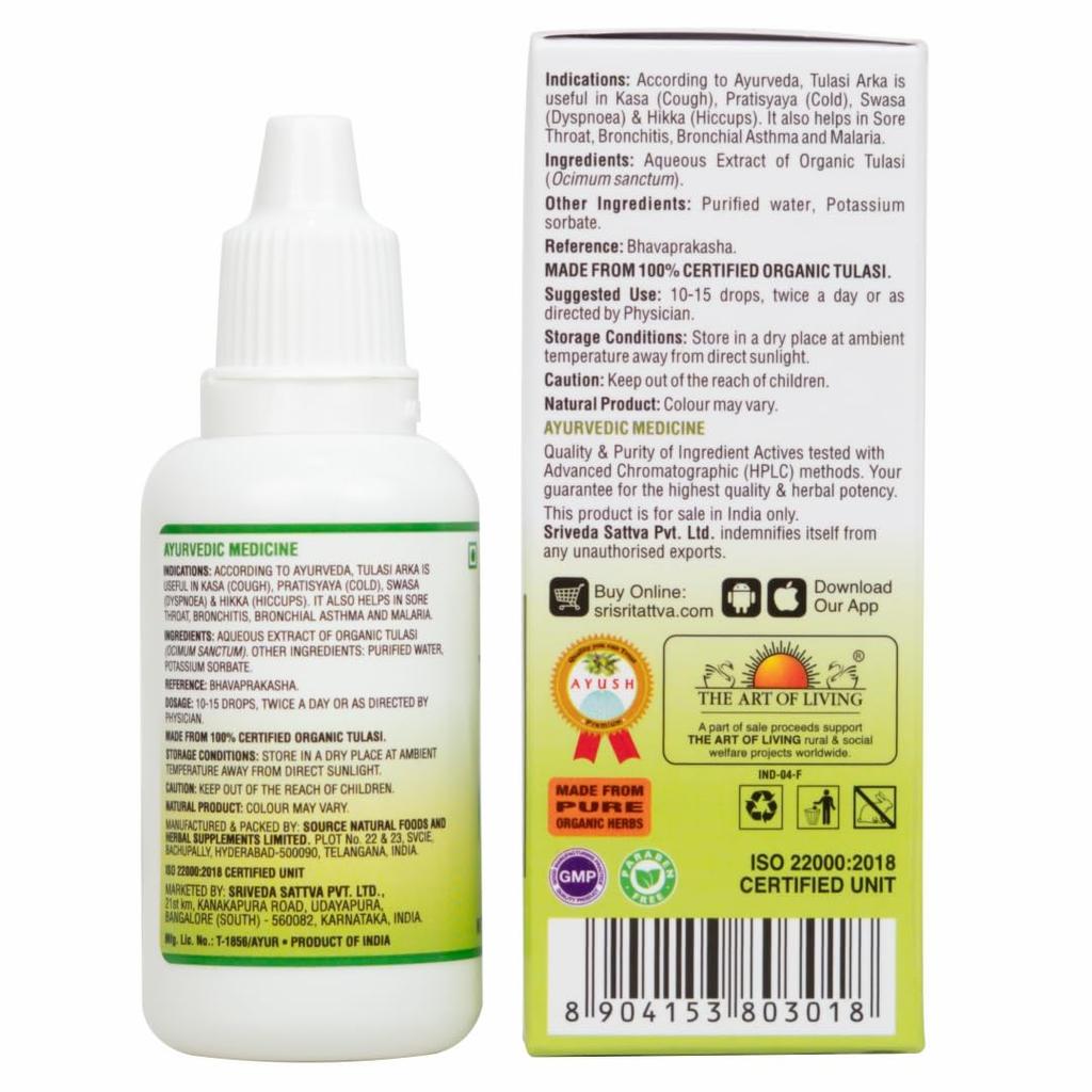 Sri Sri TATTVA Tulasi Arka Herbal Drops 30 Ml X Pack Of 2 Daily Wellness Concentrate For Adults Pure Aqueous Extract