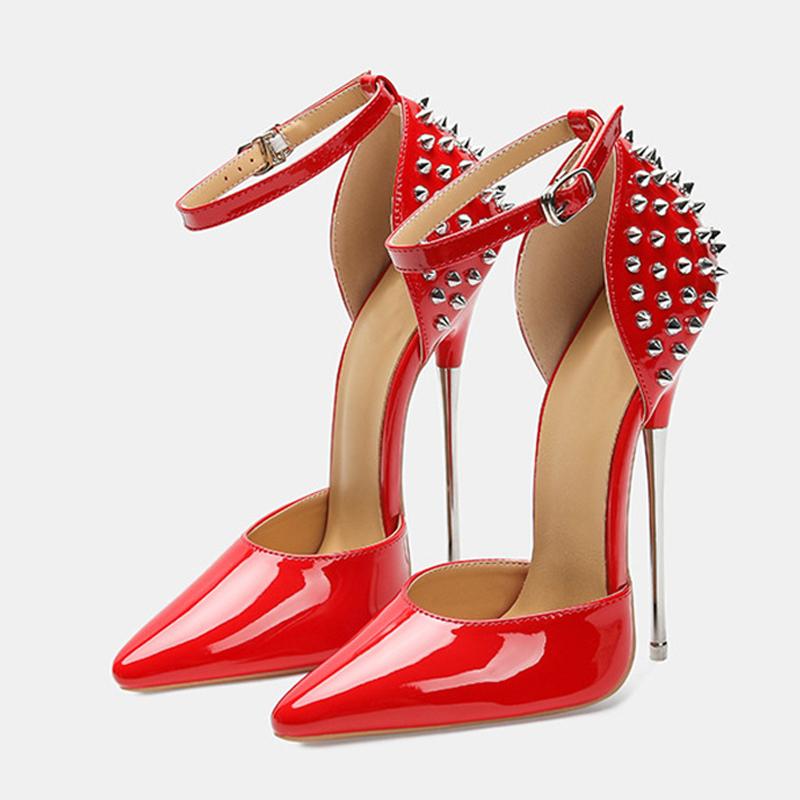 Mode Liyke Sexy Nieten Riemen Damen Pumps Schwarz Lackleder Spitze Zehen Fetisch Super Hohe Absätze Party Stripper Schuhe Größe 46