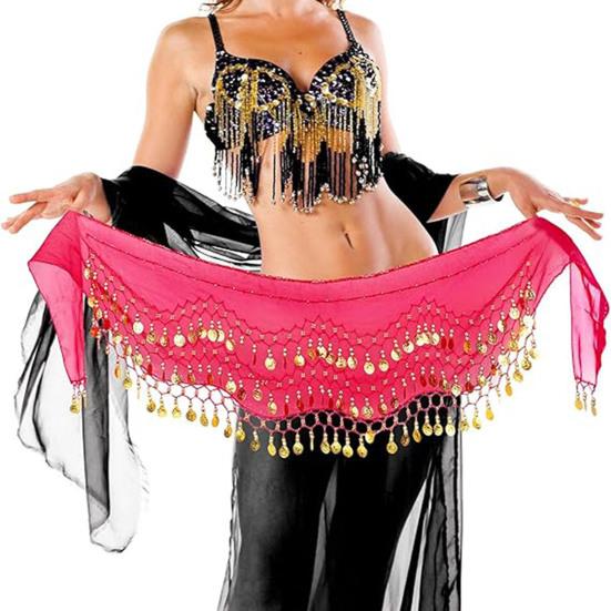 Belly Dance Hip Scarf Women Waist Scarf Belly Dance Skirt with 98 Golden Coins Knot Tying Hip Wrap for Dance Training Performance Beach Wear