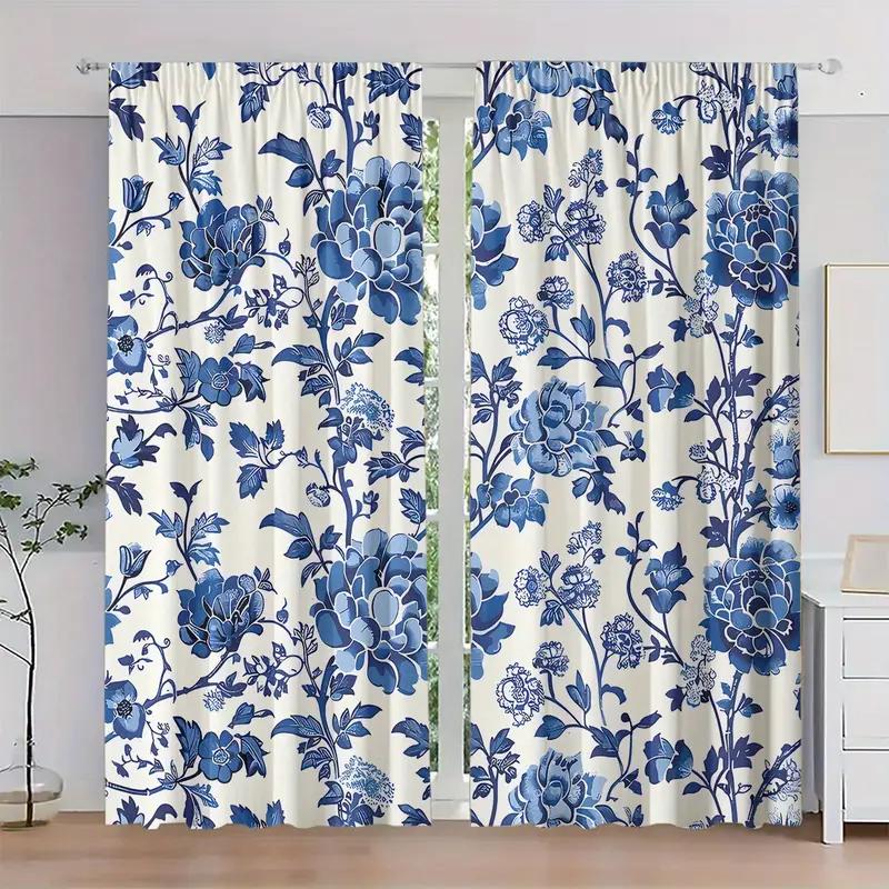 2PCS 2D Flat Curtains   Polyester Material   Blue and White Printing Art Design   Pole Bag Design   Bedroom   Home Decoration