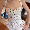 New French Polka Dot Print Sexy Halter Neck Camisole Top for Women Pure and Alluring Princess Style Fitted Waist Tank Top
