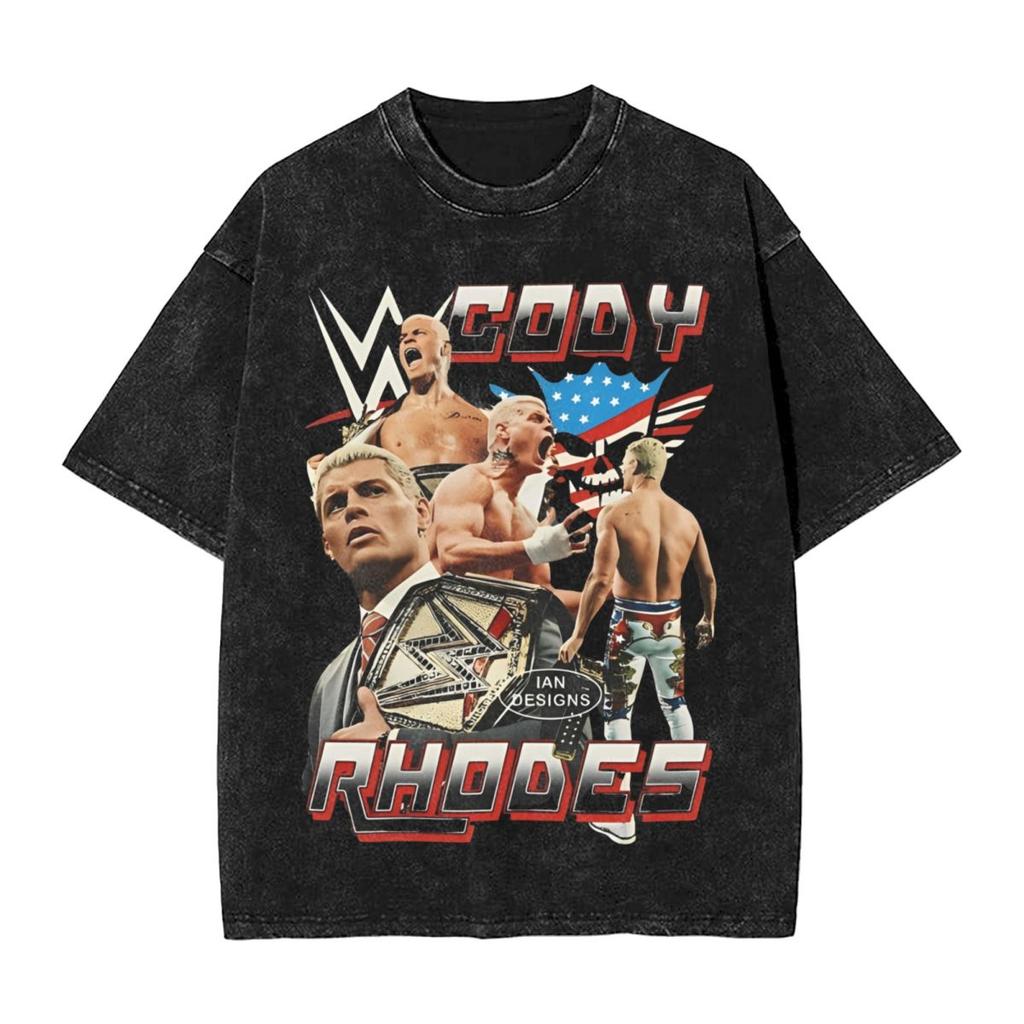 Retro Cody Rhodes Vintage Washed Tshirt Men Cotton Tops Shirts Retro Crewneck Short Sleeve