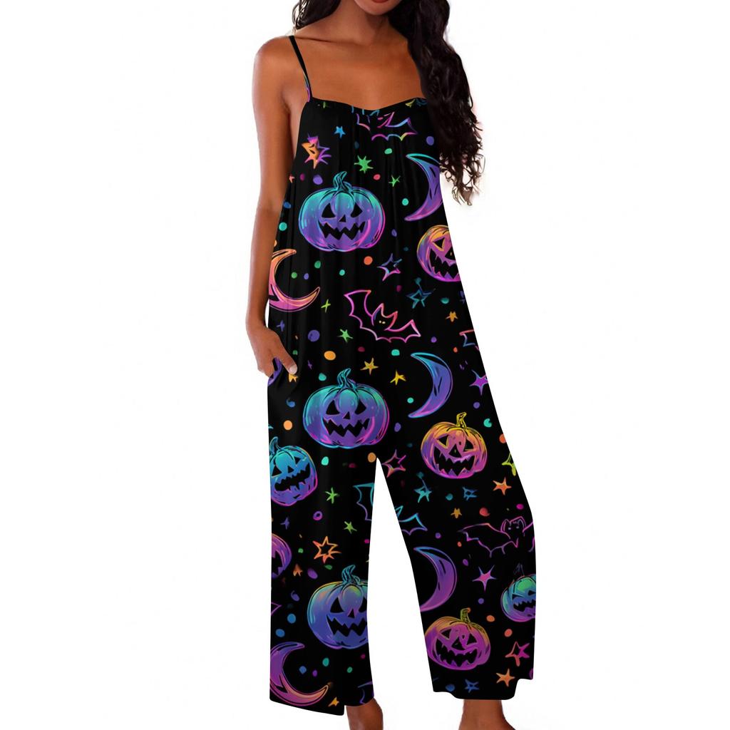 Women Halloween Printed Loose Jumpsuit Casual Sleeveless Wide Leg Romper Comfortable Fit for Seasonal Wear