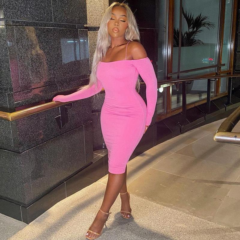 Women's Fashion: 2021 Autumn One-Shoulder Off-the-Shoulder Slim Fit Long-Sleeve Hip-Hugging Dress