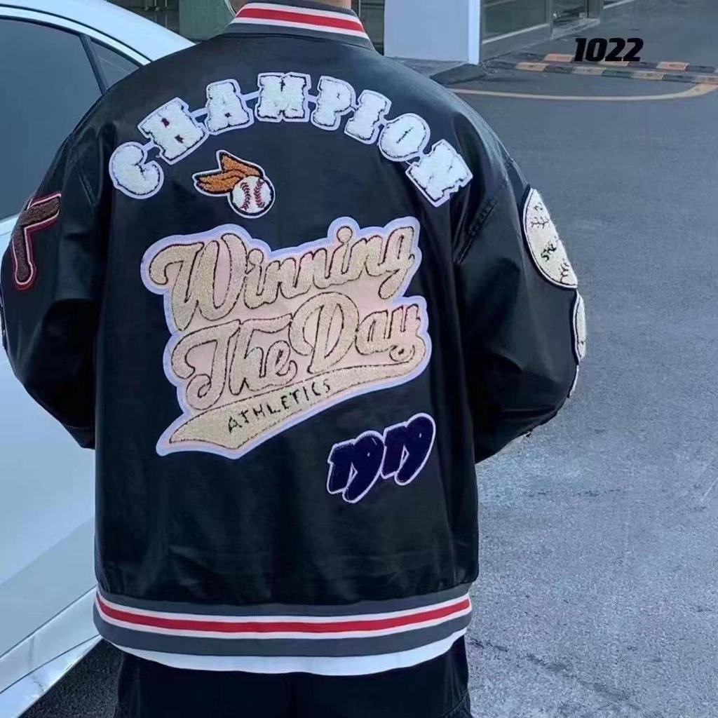 Unisex Multi-Logo Embroidered Leather Baseball Jacket - Autumn/Winter Loose Fit Single-Breasted Outerwear