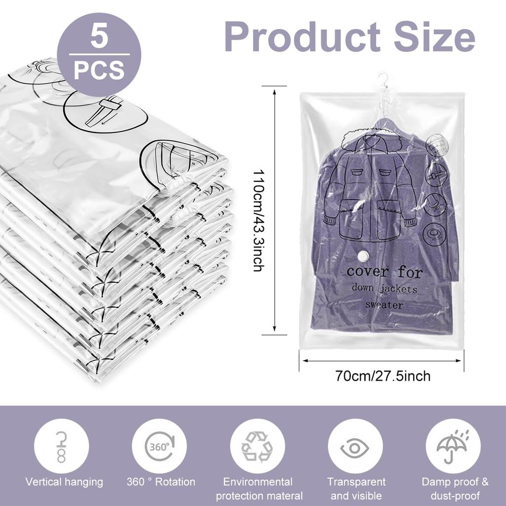 5 Pack Hanging Vacuum Storage Bags Space Saver Bags Hanging Storage Bags for Clothes for Suits Dress Jackets Closet Organizer