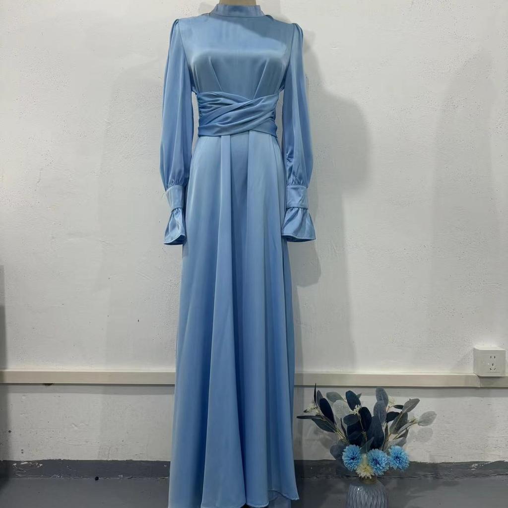 GMXIA Autumn Long Sleeve Belted Puffy Sleeve Solid Color Fairy Dress
