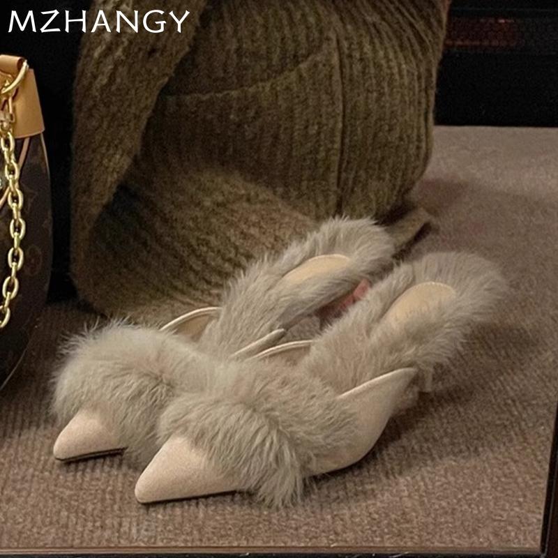 Fashion Fur Pointed Toes Women Slippers High Heels Sexy Luxury Shoes Woman 2024 Trend Winter Slingback Flip Flops New Pumps Mujer Slides