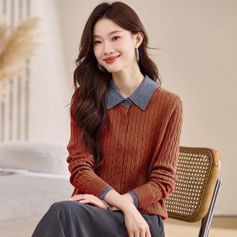 POLO Neck Women's Sweater Cardigan Autumn and Winter Fried Dough Twists Loose Knit Coat Lapel Top