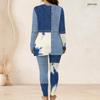 Women Plus Size Printed Two Piece Set Round Neck Long Sleeve Side Slit Long Top Fitted Pants