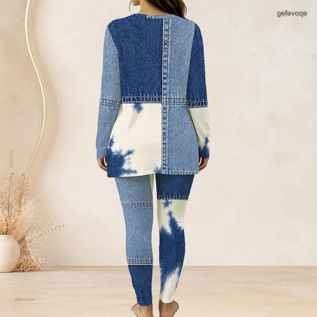 Women Plus Size Printed Two Piece Set Round Neck Long Sleeve Side Slit Long Top Fitted Pants