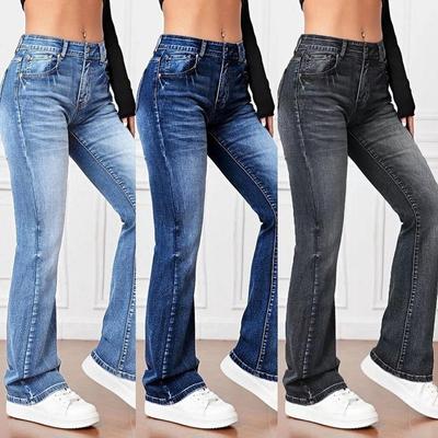 Mulheres comprimento total estiramento jeans calças de cintura alta calças retas senhoras casual longo jean pant