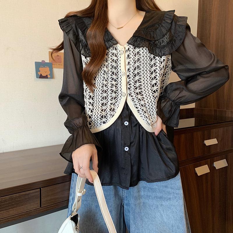 

2024 Весна Плюс Размер Женская Рубашка Жилет Кукольный Воротник Сплайсированный 3XL