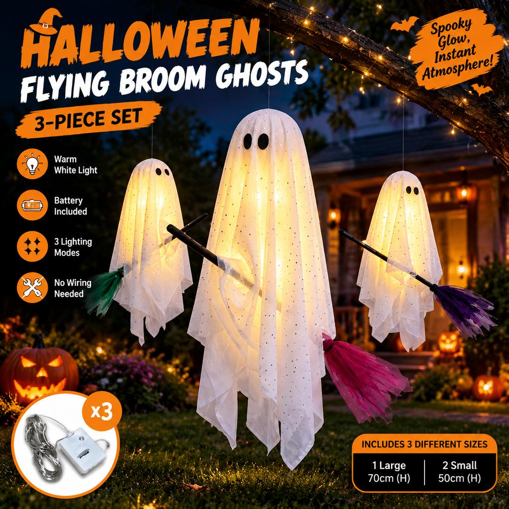 Halloween Flying Broom Ghost Decorations, 3-Piece Set