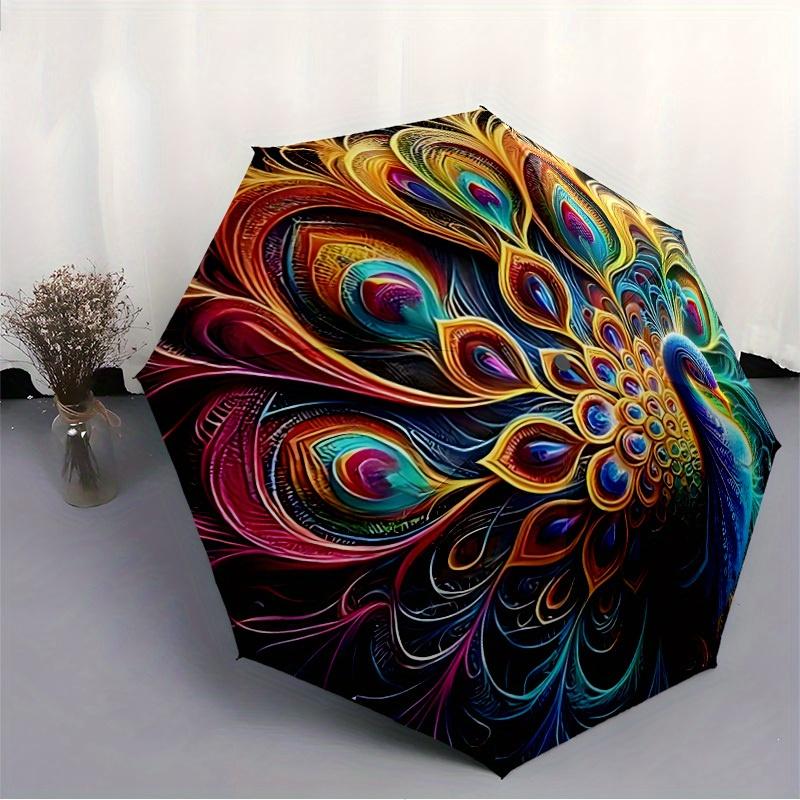 1pc Peacock Feather Mandala Automatic Folding Umbrella - Lightweight, Retractable Design with 8-Rib Durability, Perfect for Outdoor184