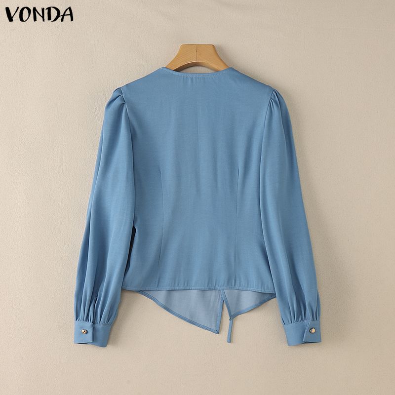 VONDA Women V-Neck Long Sleeve Lace-up Irregular Solid Color Casual Blouse