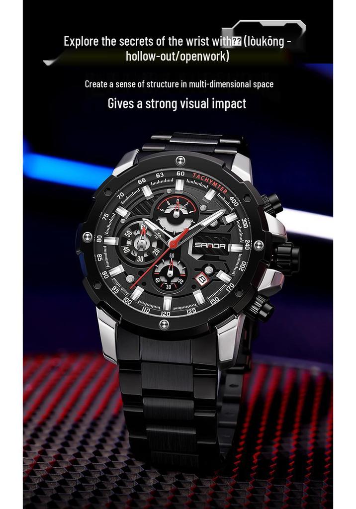 SANDA Men's Quartz Waterproof Watch with Calendar, Simple Design, Three Dials, Six Hands, and Steel Strap.