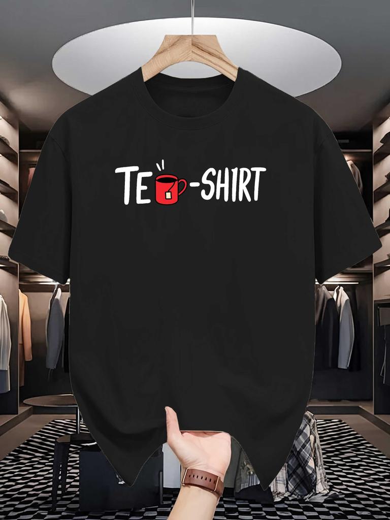 Te Shirt Pun Print Unisexs Crew Neck T Shirt Cartoon Red Tea Cup Letter Graphic Short Sleeve Casual Cotton Trendy Street Tees