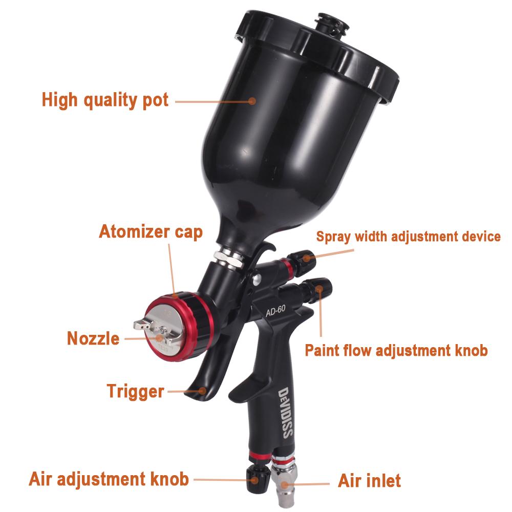 DEVIDISS AD-60 Pneumatic Varnish Paint Spray Gun High Atomization Low Pressure 1.3mm Nozzle Gravity Feed