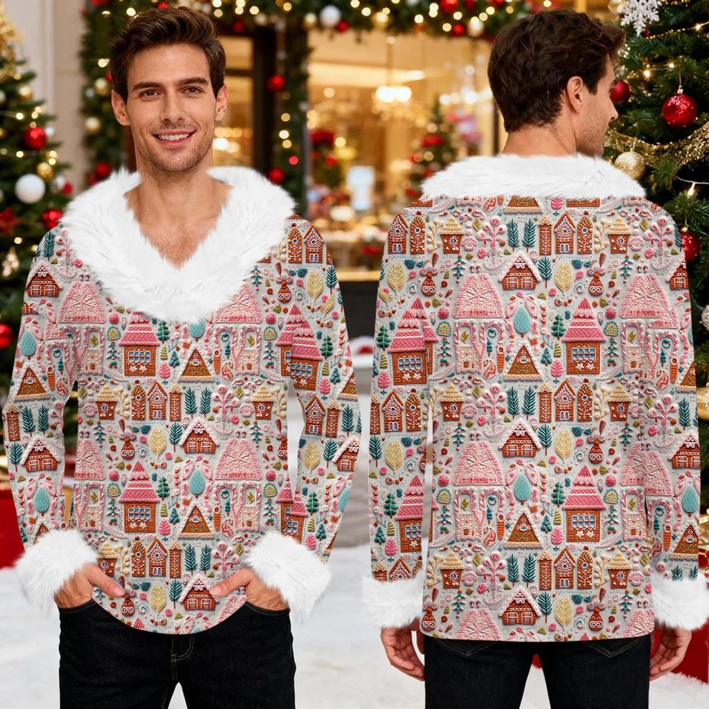 Męska bluza z kapturem z nadrukiem świątecznym, podszyta polarem | Sweter imprezowy z imitacją obszycia i kieszenią | Duży rozmiar, luźny krój, świąteczny pulower
