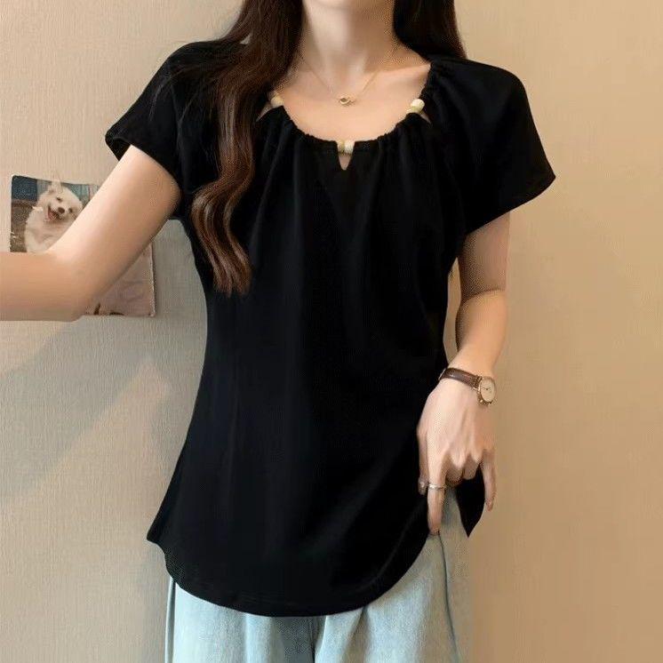 

Plus Size Solid Color Short Sleeve Summer T-shirt with Flutter Sleeves - Women s Loose Fit and Slimming Design. 3XL (For 161-180 jin) чёрный