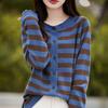 2024 Fall/Winter Pure Wool Color Block Striped Knit Cardigan - Women's Versatile Loose Fit