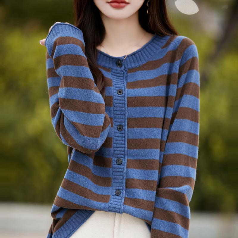 2024 Fall/Winter Pure Wool Color Block Striped Knit Cardigan - Women's Versatile Loose Fit