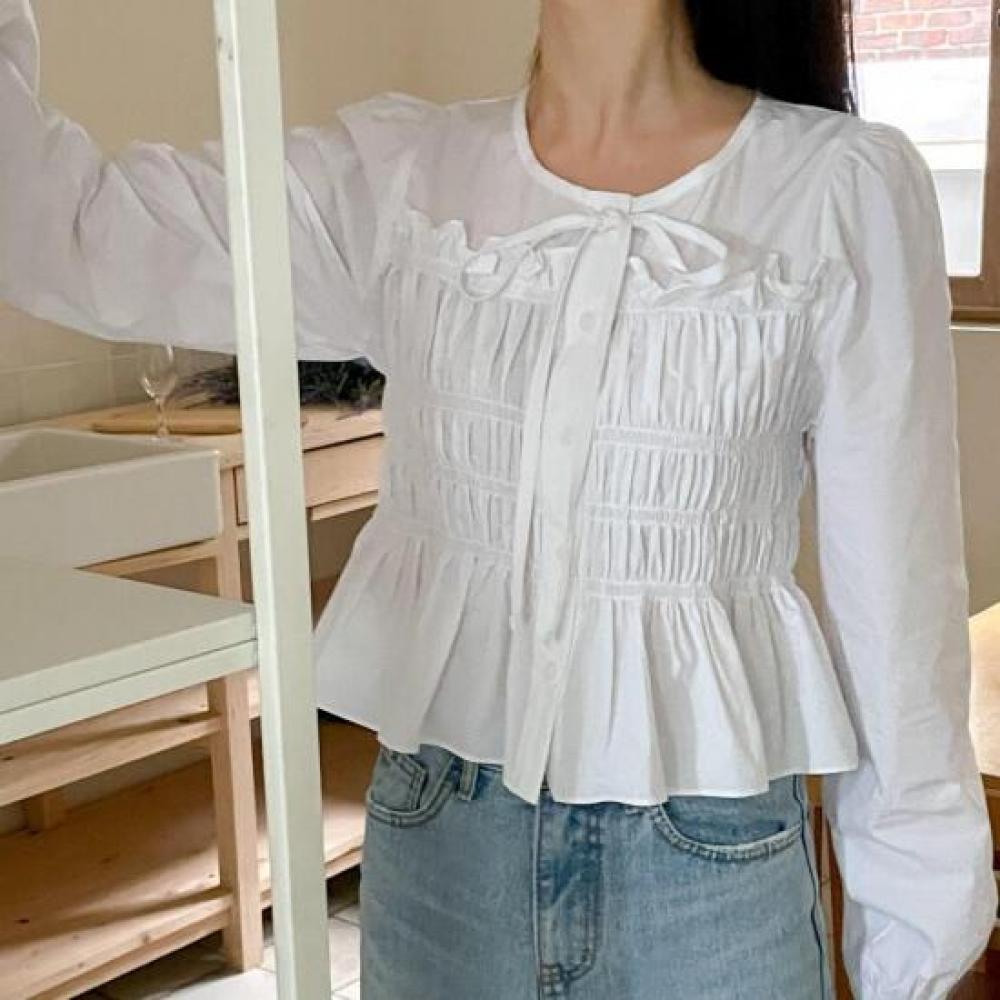 New Arrivals Open Run Roomzel Frill Decoration Volume Cotton Blouse Women