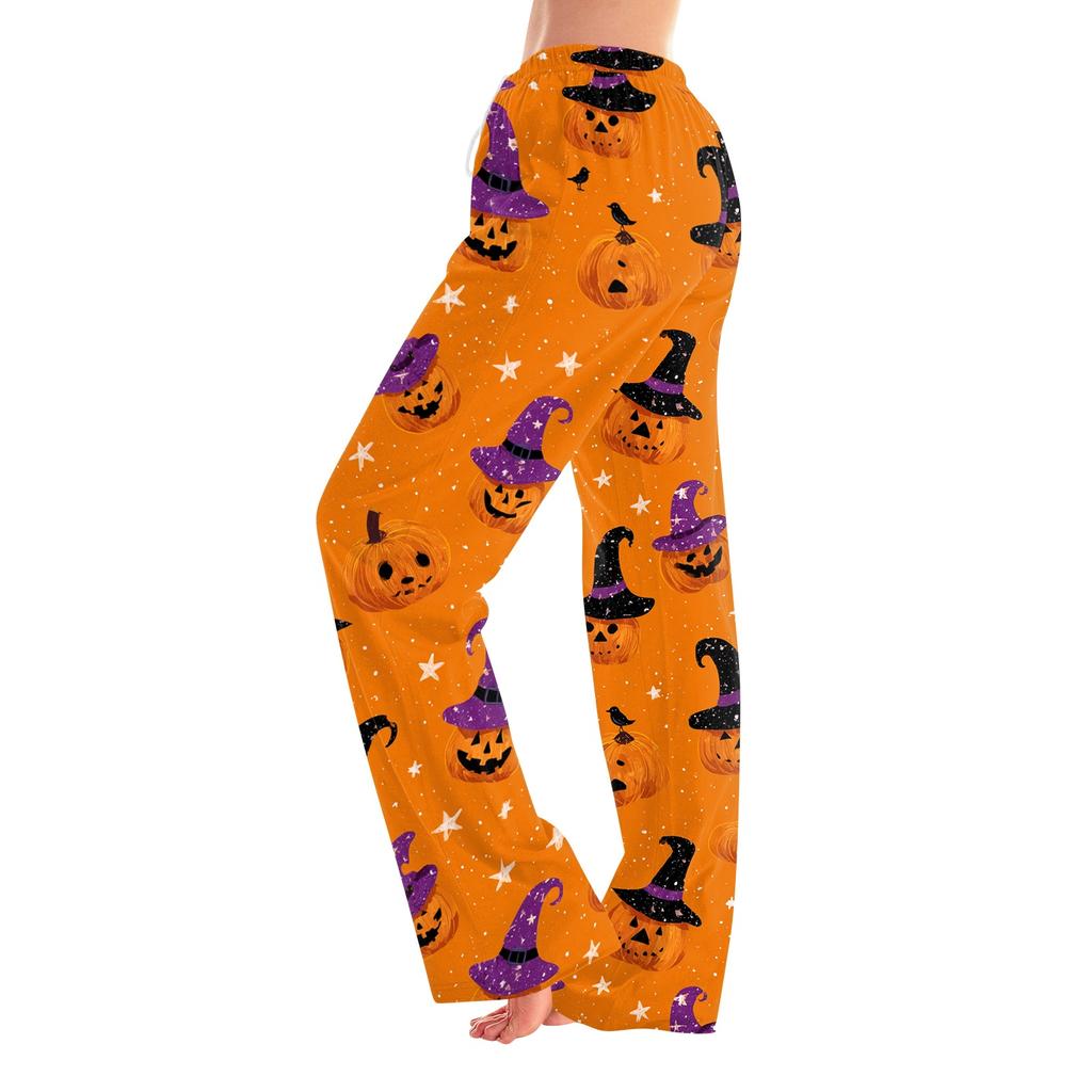 Women's Halloween Print Pants with Elastic Waist and Drawstring for Casual Home Sleepwear