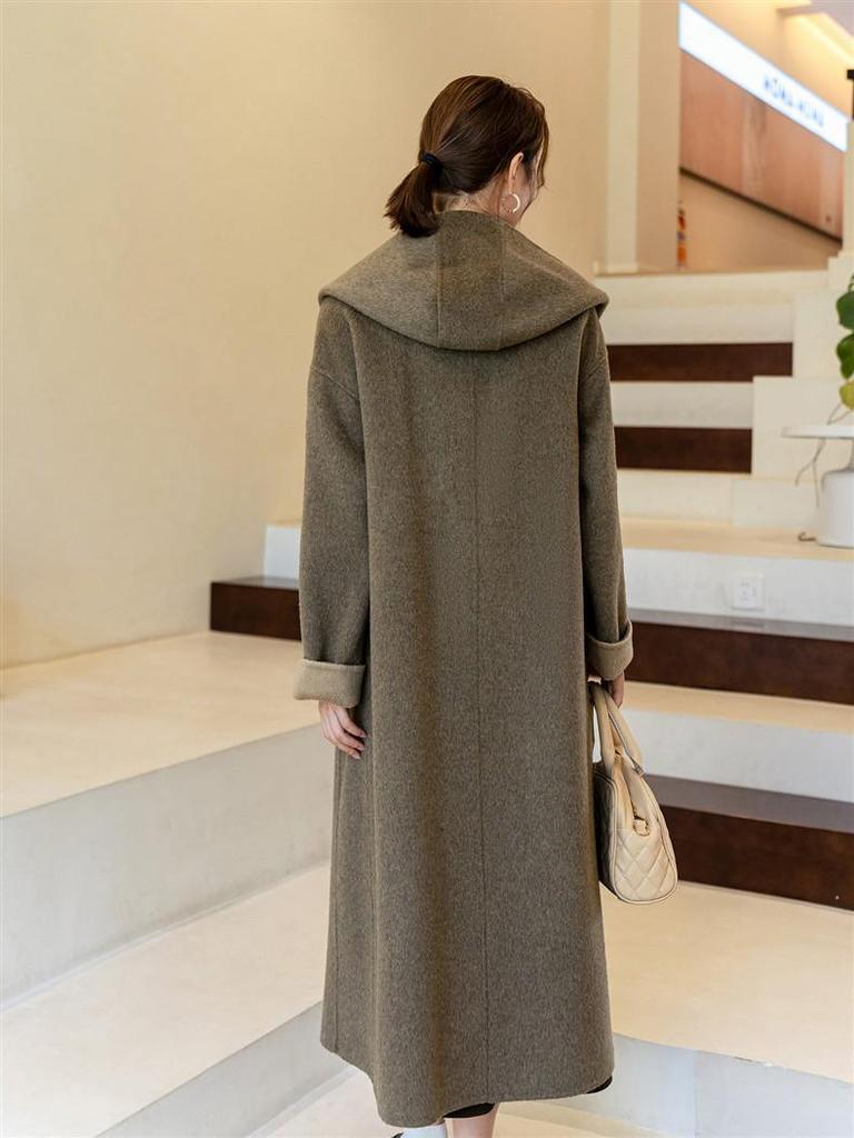Hooded Double-Sided Long Wool Coat Bathrobe with Tie Waist - Autumn/Winter Korean Fashion Women's Outerwear