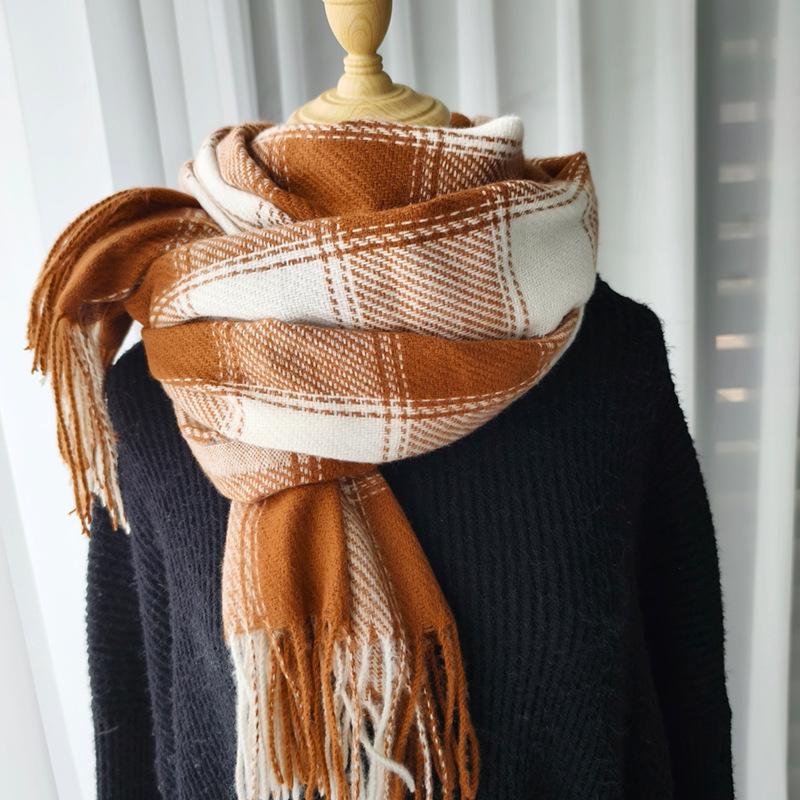 Women's 2024 Korean Style Plaid Snood: Versatile Thick Tassel Shawl for Autumn and Winter