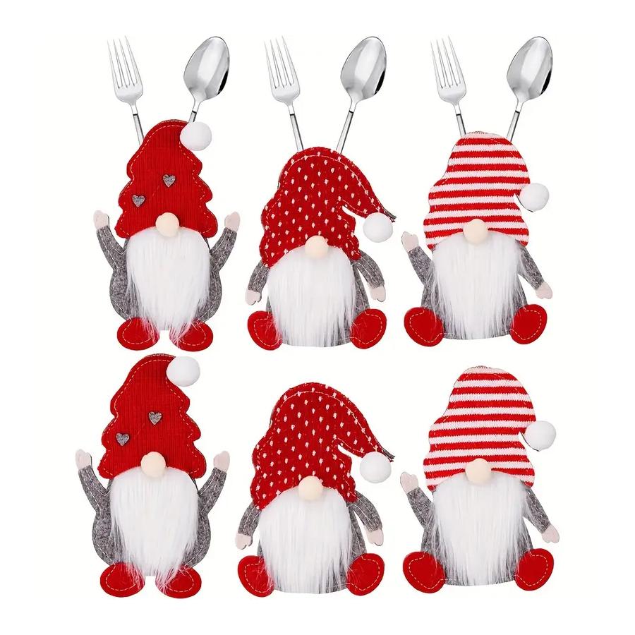 

Рождественские милые безликие гномы - держатели для столовых приборов, в скандинавском стиле, декоративные чехлы для хранения вилок и ножей для сервировки рождественского стола 6pcs красный