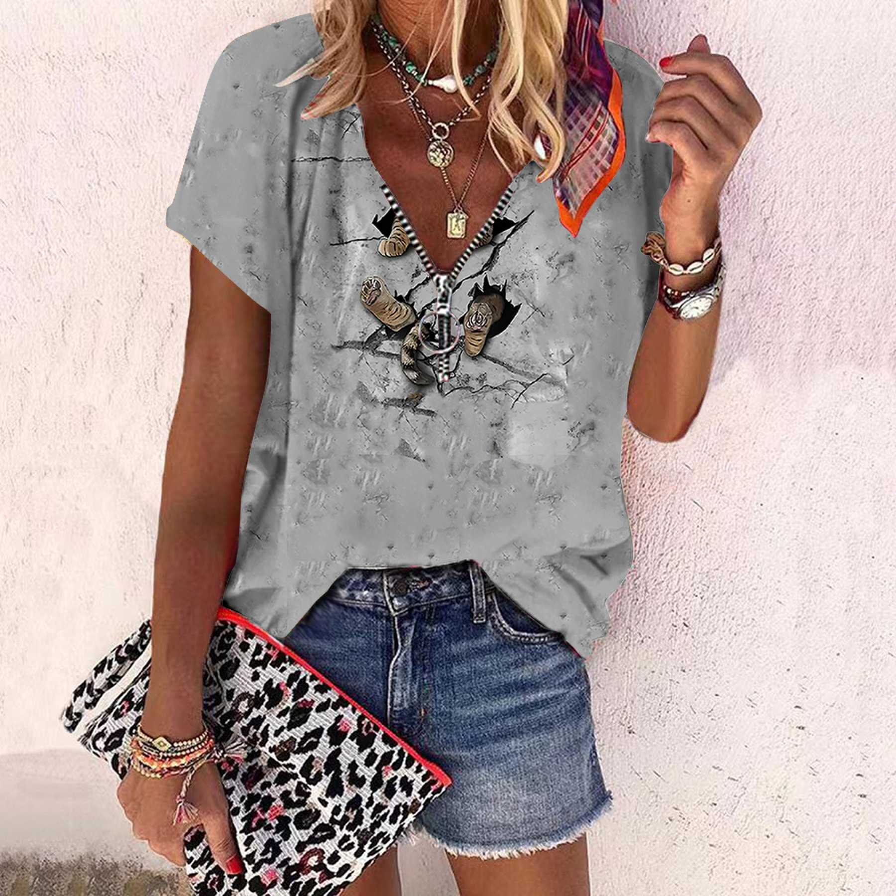 

Женский топ, летний новый модный топ с озорным котенком и принтом розы, повседневный топ на молнии с v-образным вырезом и короткими рукавами 8XL светло-серый