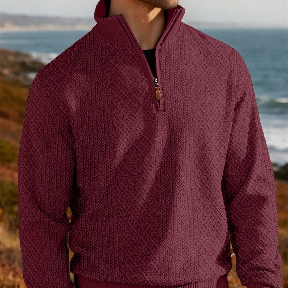 New American Fashion Men Sweatshirts Casual Loose Stand Collar Zip-up Long-sleeved Pullover Leisure Jacquard Solid Color Tops