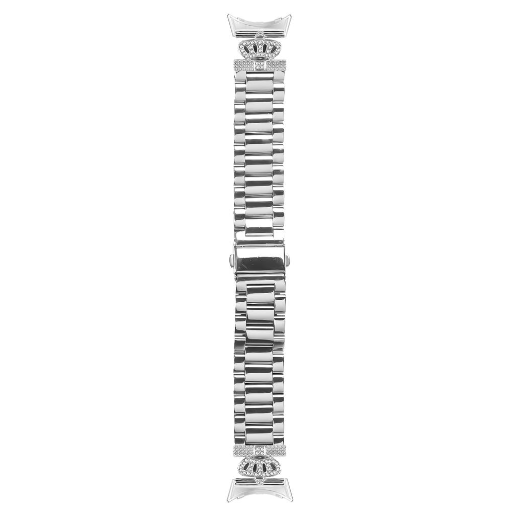 For Google Pixel Watch 2/Watch Stainless Steel Strap Crown Shape Rhinestone Decor Silver Watch Band