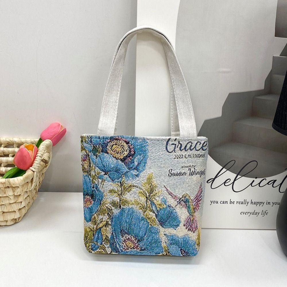 Bird Canvas Tote Bag Butterfly Flower Shoulder Bag Elegant Embroidery Ethnic Style Handbag Outdoor